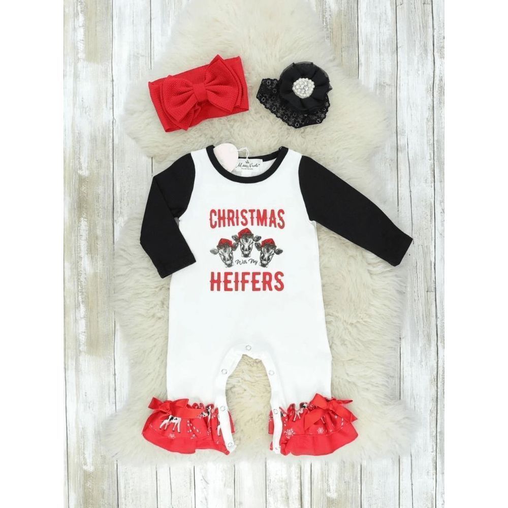 Boutique Christmas Cow Ruffle Romper - 3/6MOS